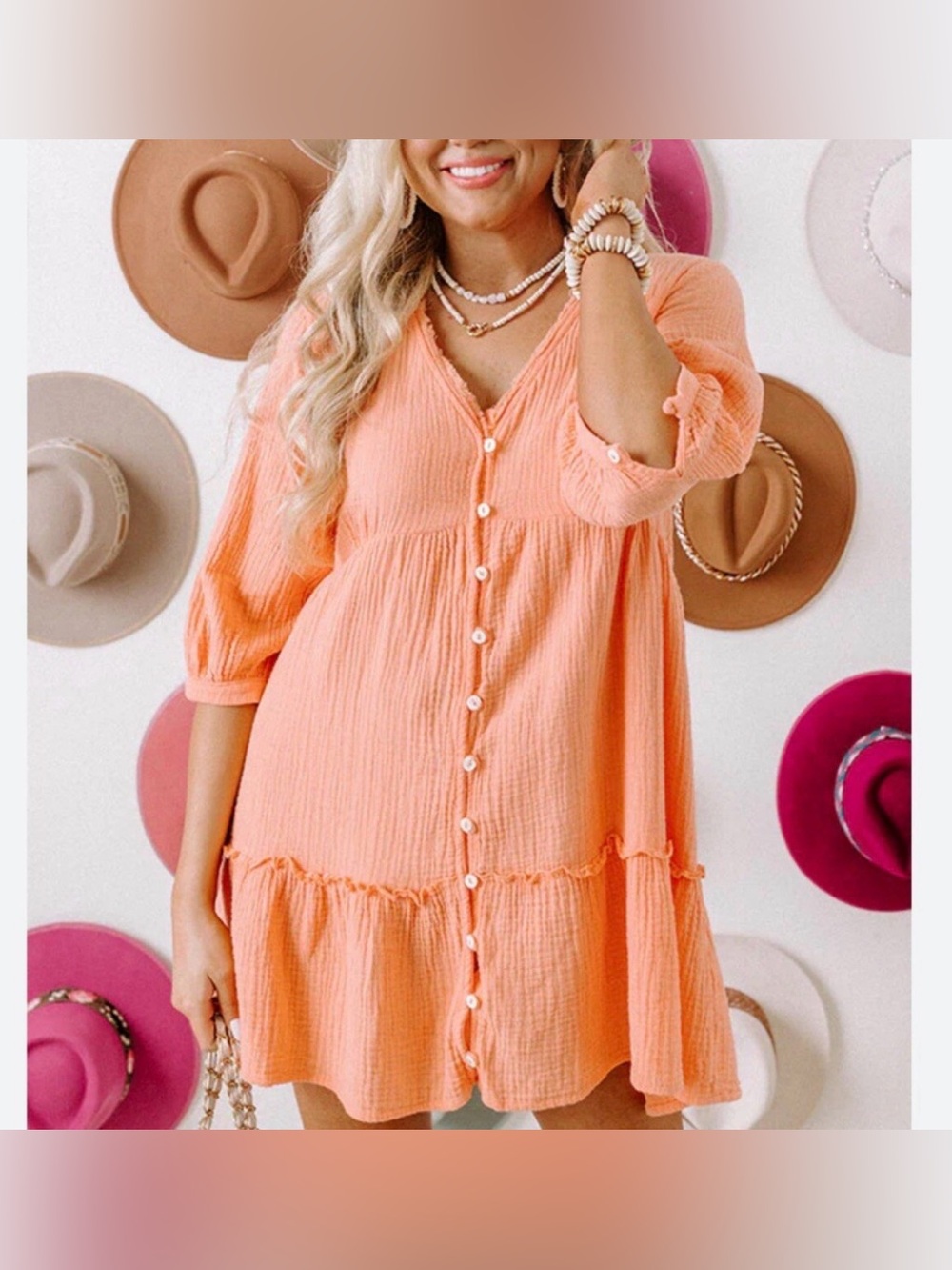 Zara Tiered Soft Cotton Blend Peach V-Neck Frayed Trim Dress